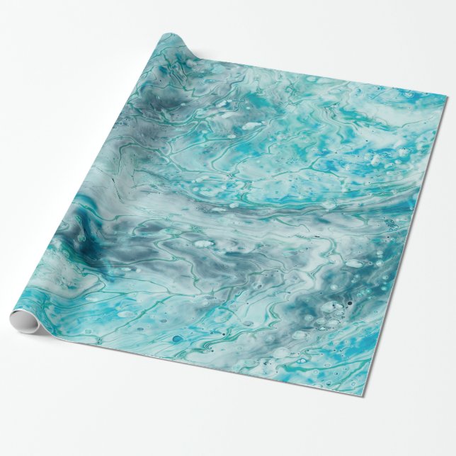 Turquoise Abstract Paint Pour Art Wrapping Paper (Unrolled)