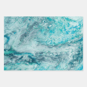 Turquoise Abstract Paint Pour Art Wrapping Paper Sheet