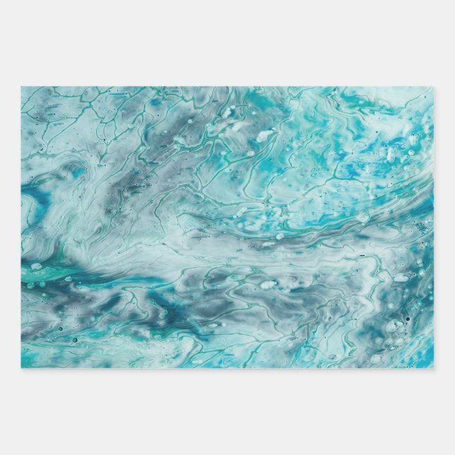 Turquoise Abstract Paint Pour Art Wrapping Paper Sheet (Front)