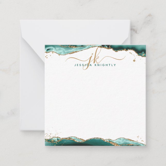 Turquoise Agate Geode Gold Glitter Script Monogram Card (Front)