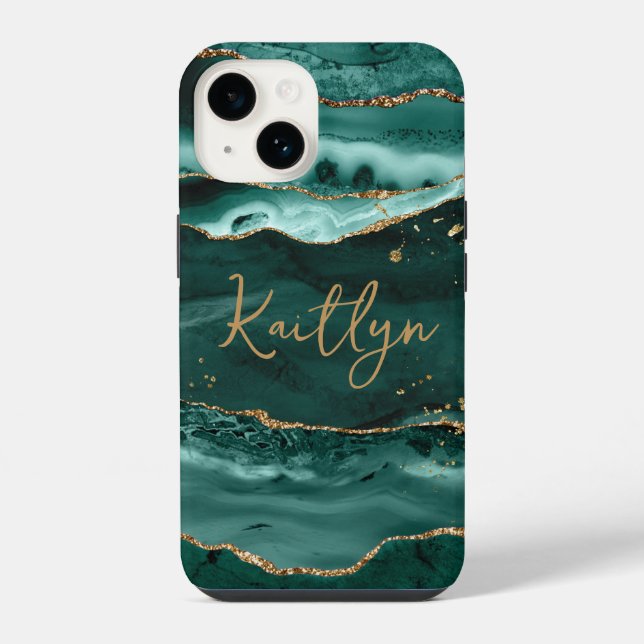  Turquoise Agate Geode Gold Glitter Script Name iPhone Case (Back)