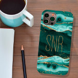 Turquoise Agate Geode Monogram Name Gold Glitter Case-Mate iPhone 14 Case<br><div class="desc">Elegant, stylish personalised cell phone case featuring turquoise teal agate, geode and marble with faux gold glitter with a monogram, initials or name shown in an editable modern font style in gold. OPTIONS: The sample is shown on an iPhone 14 Barely There case style--other phone models and case styles are...</div>