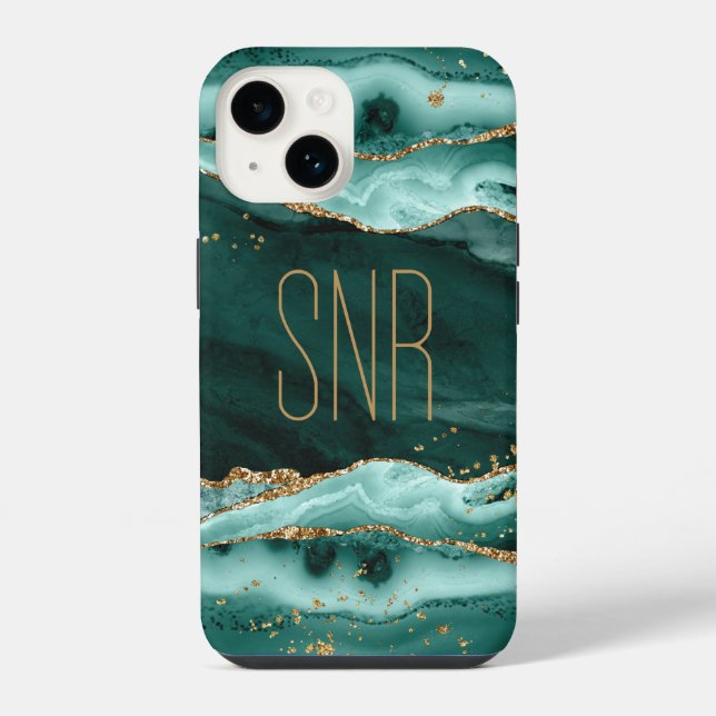Turquoise Agate Geode Monogram Name Gold Glitter iPhone Case (Back)