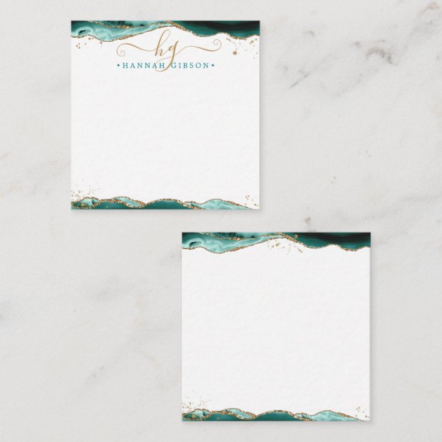 Turquoise Agate Geode Script Monogram Gold Glitter Card (Front/Back)