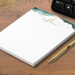 Turquoise Agate Geode Script Monogram Gold Glitter Notepad