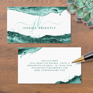 Turquoise Agate Glitter Monogram Script Business Card