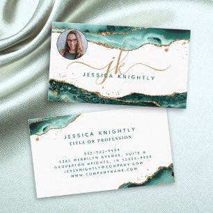 Turquoise Agate Gold Glitter Monogram Photo Business Card