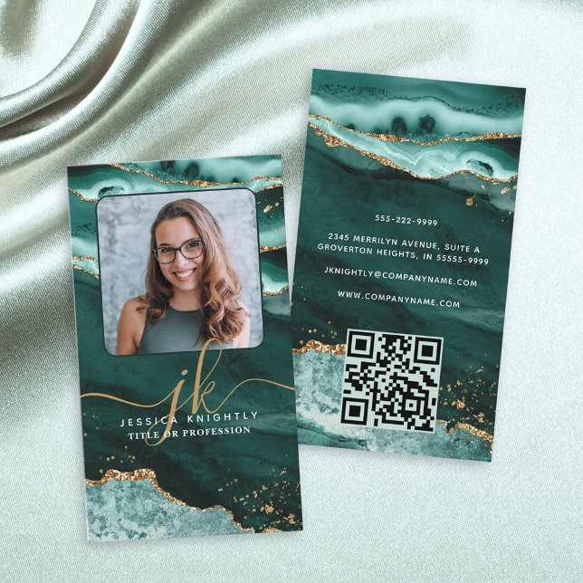 Turquoise Agate Gold Glitter Monogram Photo QR Business Card (Creator Uploaded)