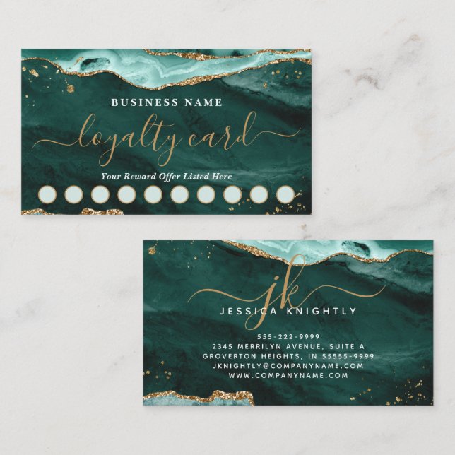 Turquoise Agate Gold Glitter Script 10 Punch Loyalty Card (Front/Back)