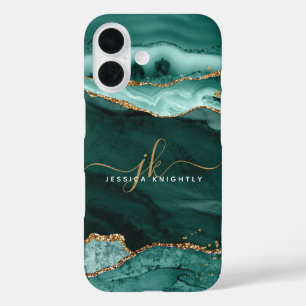  Turquoise Agate Gold Glitter Script Monogram iPhone 16 Case