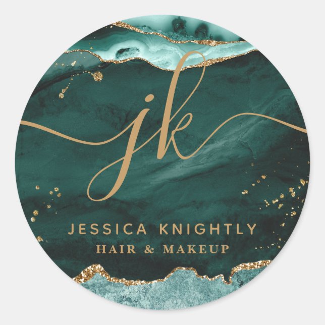 Turquoise Agate Gold Glitter Script Monogram Logo Classic Round Sticker (Front)