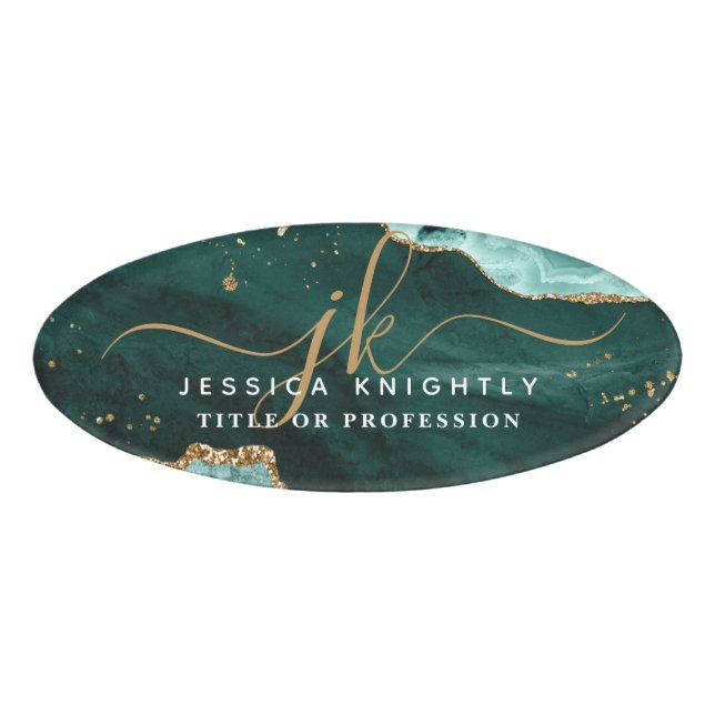 Turquoise Agate Gold Glitter Script Monogram Name Tag (Front)