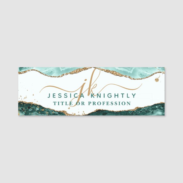 Turquoise Agate Gold Glitter Script Monogram Name Tag (Front)