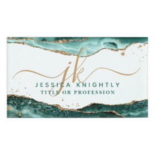 Turquoise Agate Gold Glitter Script Monogram Name Tag
