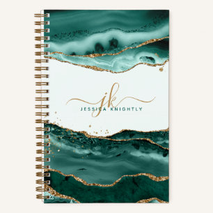 Turquoise Agate Gold Glitter Script Monogram Notebook