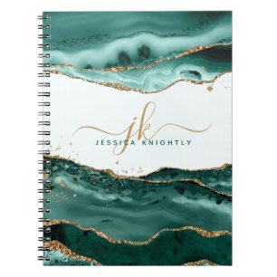 Turquoise Agate Gold Glitter Script Monogram Notebook