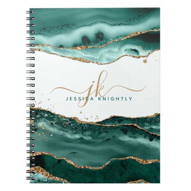 Turquoise Agate Gold Glitter Script Monogram Notebook (Front)