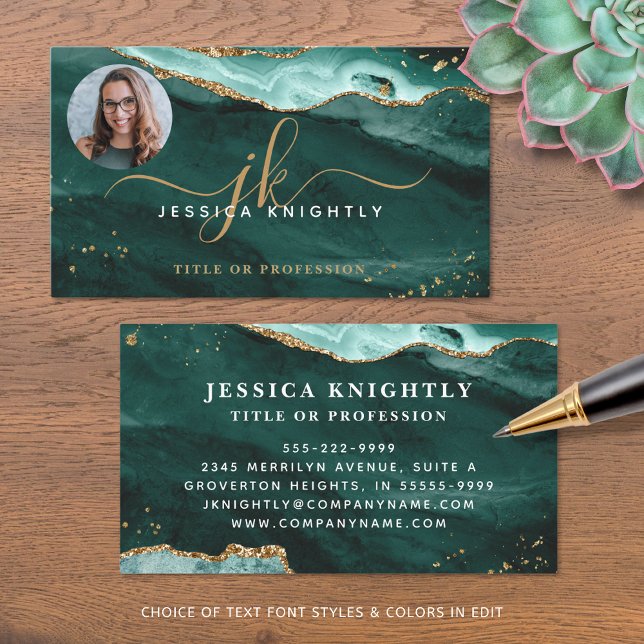 Turquoise Agate Gold Glitter Script Monogram Photo Business Card (Creator Uploaded)