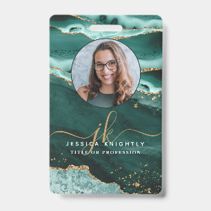 Turquoise Agate Gold Glitter Script Monogram Photo ID Badge