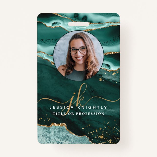 Turquoise Agate Gold Glitter Script Monogram Photo ID Badge (Front)