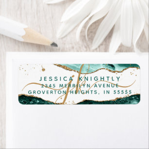 Turquoise Agate Gold Glitter Script Monogram Return Address Label