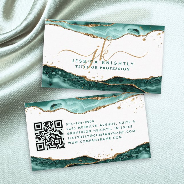 Turquoise Agate Script Monogram Gold Glitter QR Business Card (Creator Uploaded)