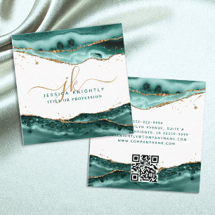 Turquoise Agate Script Monogram Gold Glitter Square Business Card