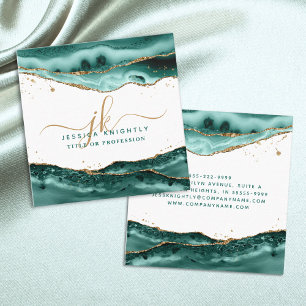 Turquoise Agate Script Monogram Gold Glitter Square Business Card