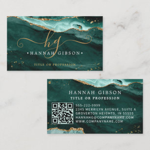 Turquoise Agate Script Monogram QR Code Glitter Business Card