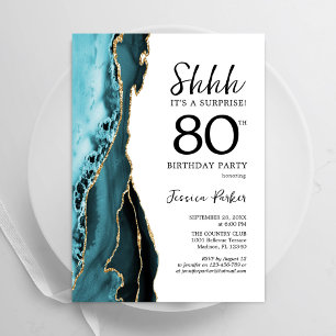Turquoise Agate White Gold Surprise 80th Birthday Invitation