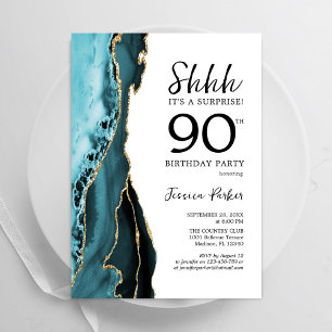 Turquoise Agate White Gold Surprise 90th Birthday Invitation