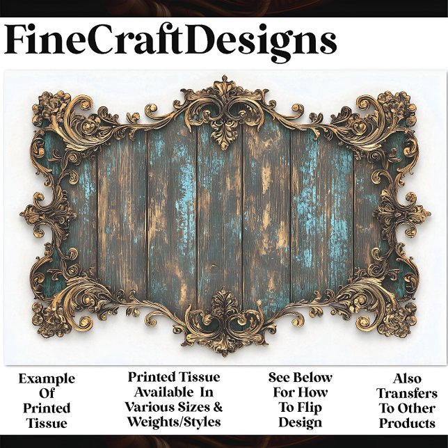Turquoise Aged Wood, Gold Border AN7 Decoupage Tissue Paper (Creator Uploaded)