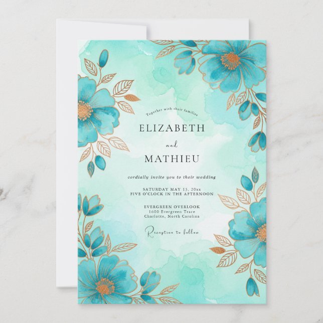 Turquoise Airy Botanical Wedding Invitation (Front)