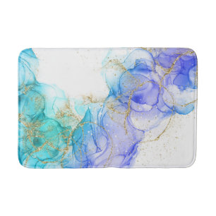 Turquoise Alcohol Ink Watercolor and Gold Bath Mat