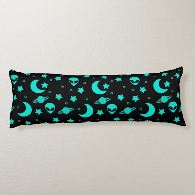 Turquoise Alien Pattern with Stars and Moons Body Cushion (Back)