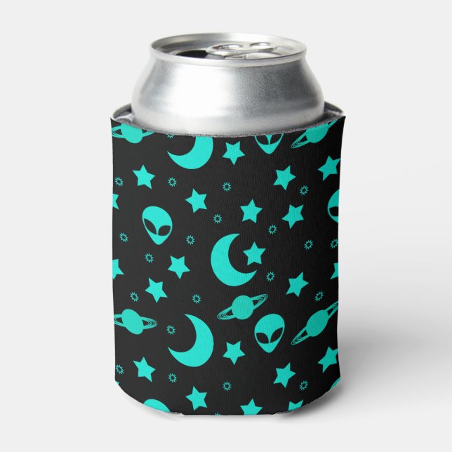 Turquoise Alien Pattern with Stars and Moons Can Cooler (Can Front)