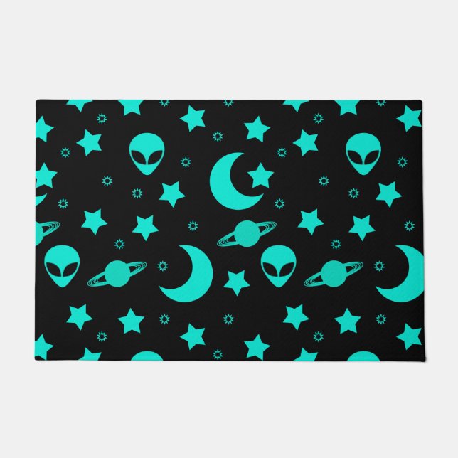 Turquoise Alien Pattern with Stars and Moons Doormat (Front)