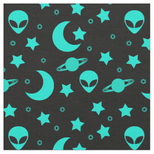 Turquoise Alien Pattern with Stars and Moons Fabric
