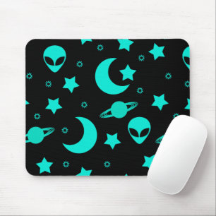 Turquoise Alien Pattern with Stars and Moons Mouse Pad