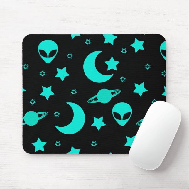 Turquoise Alien Pattern with Stars and Moons Mouse Pad (With Mouse)