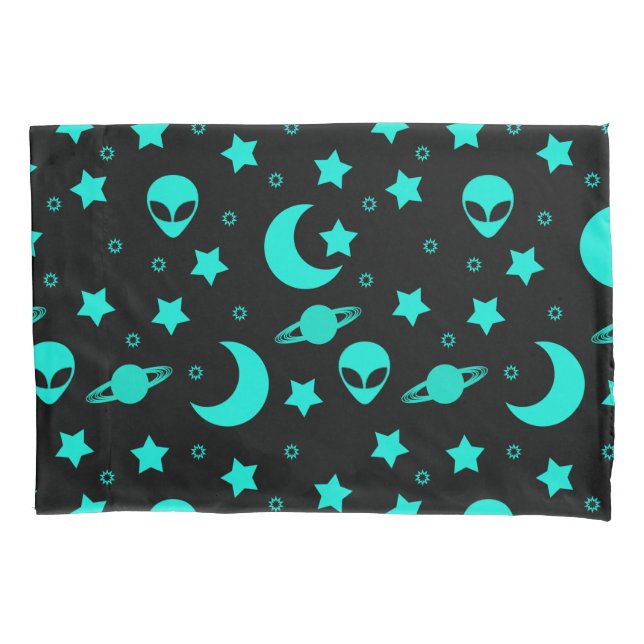 Turquoise Alien Pattern with Stars and Moons Pillowcase (Front)