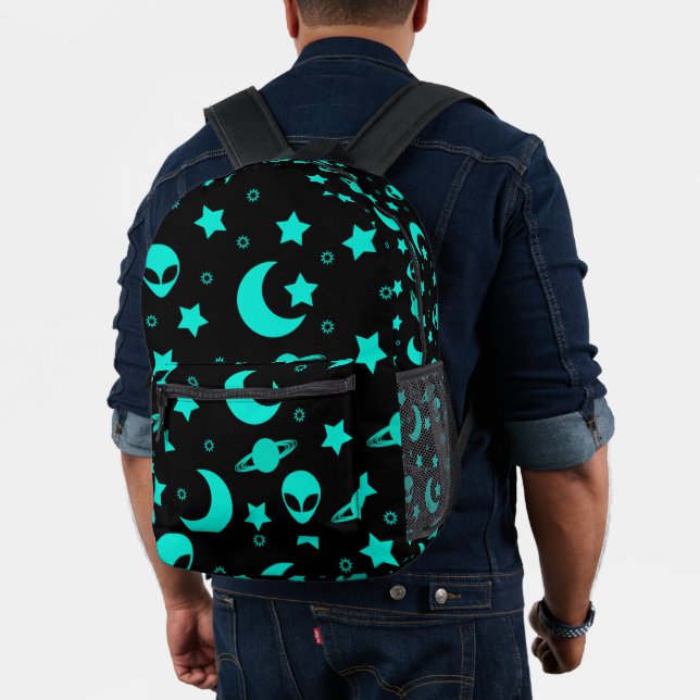 Turquoise Alien Pattern with Stars and Moons Printed Backpack (Insitu (Model))