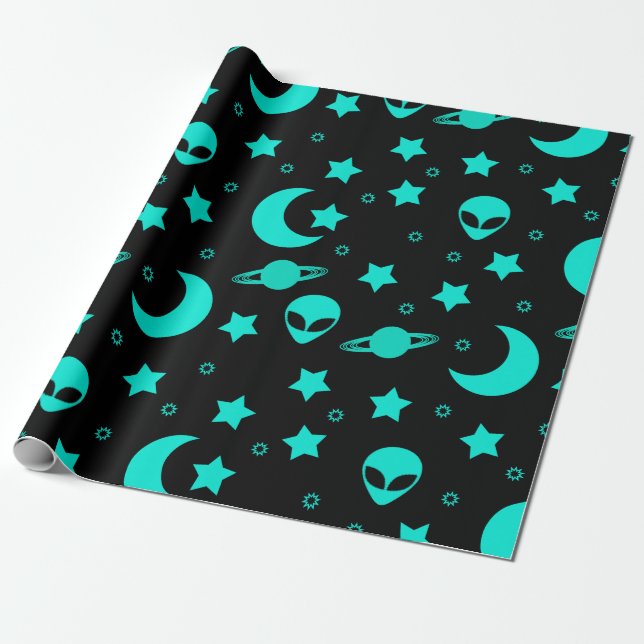 Turquoise Alien Pattern with Stars and Moons Wrapping Paper (Unrolled)
