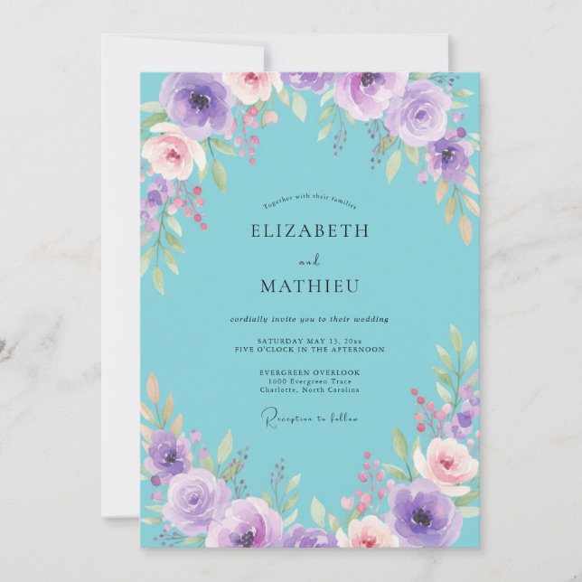 Turquoise Amethyst Bloom Wedding Invitation (Front)
