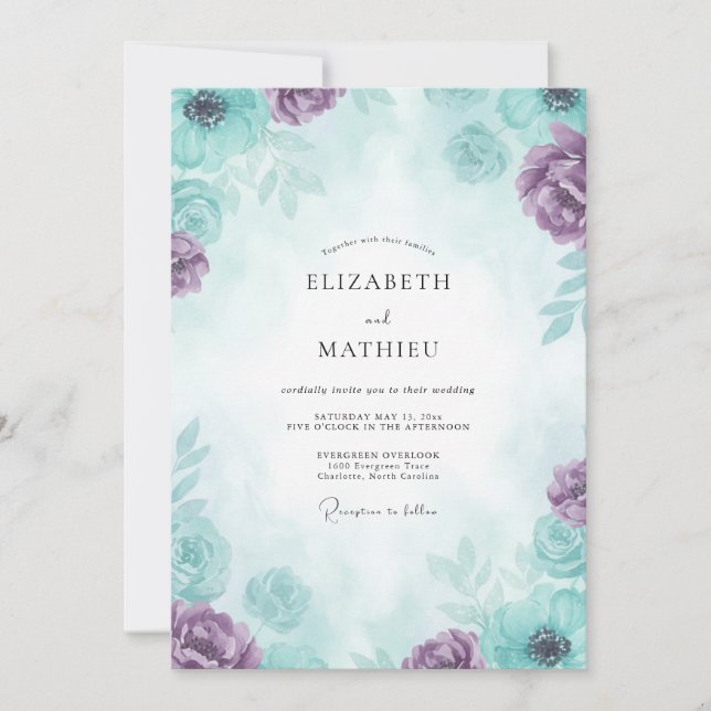 Turquoise Amethyst Peony Wedding Invitation (Front)