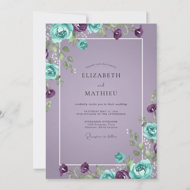 Turquoise Amethyst Ranunculus Eucalyptus Wedding Invitation (Front)