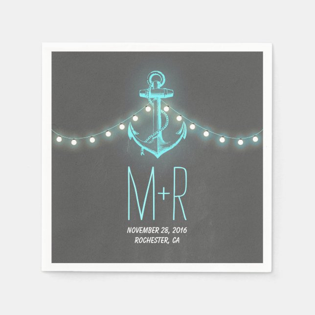 turquoise anchor nautical chalkboard wedding napkin (Front)