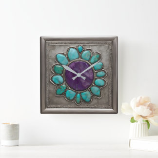 Turquoise and Amethyst Jewel Toned  Square Wall Clock