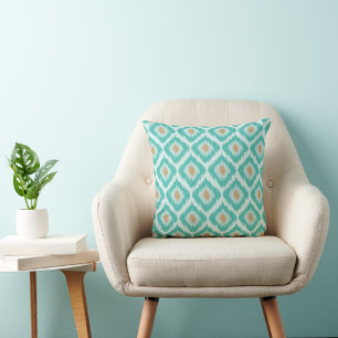 Turquoise And Beige Diamond Ikat Pattern Cushion