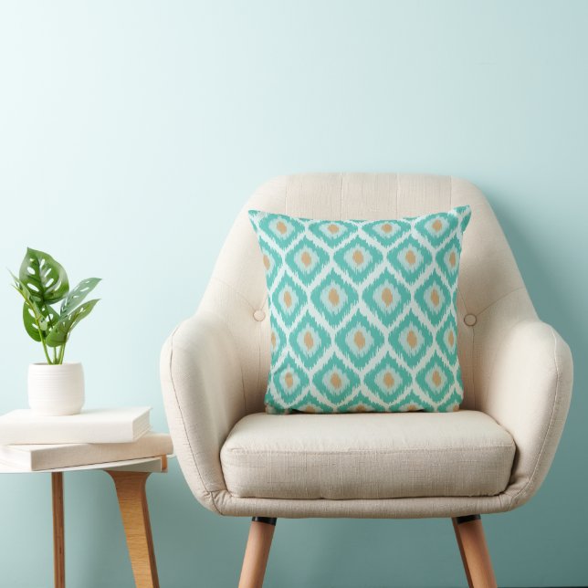 Turquoise And Beige Diamond Ikat Pattern Cushion (Chair)
